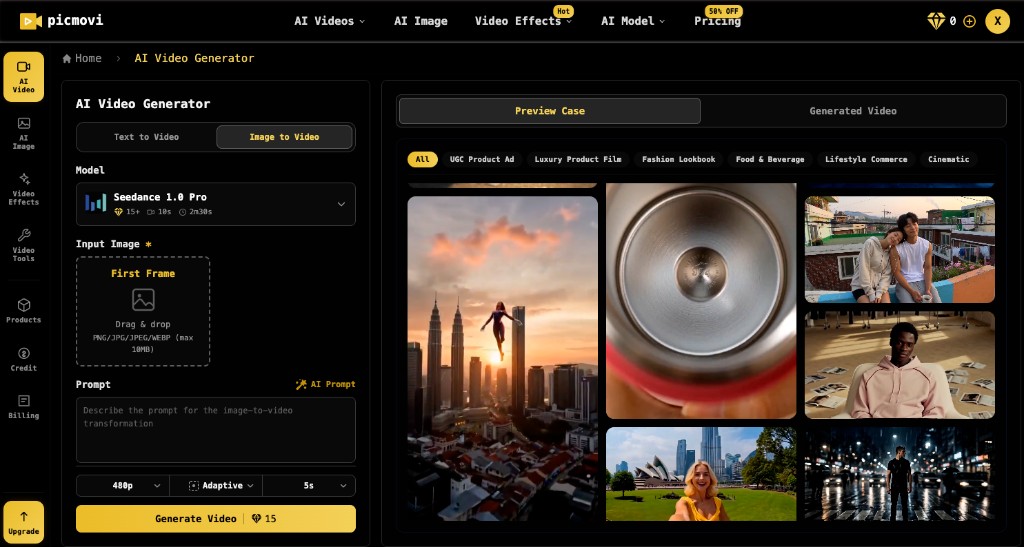 picmovi AI Video Generator — Image to Video studio with first frame upload, prompt, and model controls